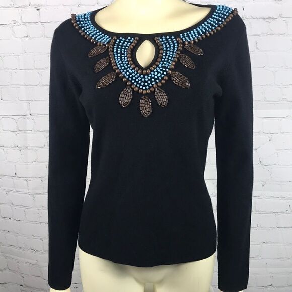 Willi Smith Blk Knit sweater with Beading Sz M EUC - Picture 1 of 4